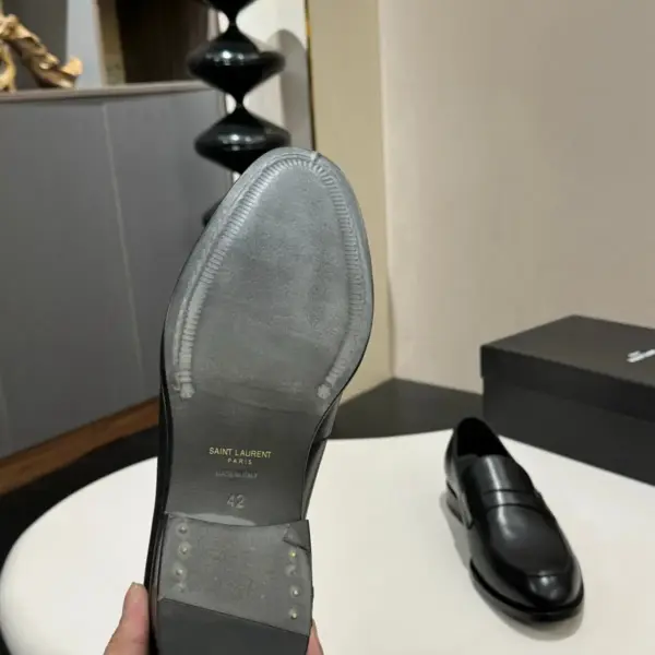 Black leather loafers, view 1