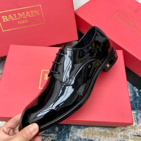 Black patent leather derby shoes, view 1