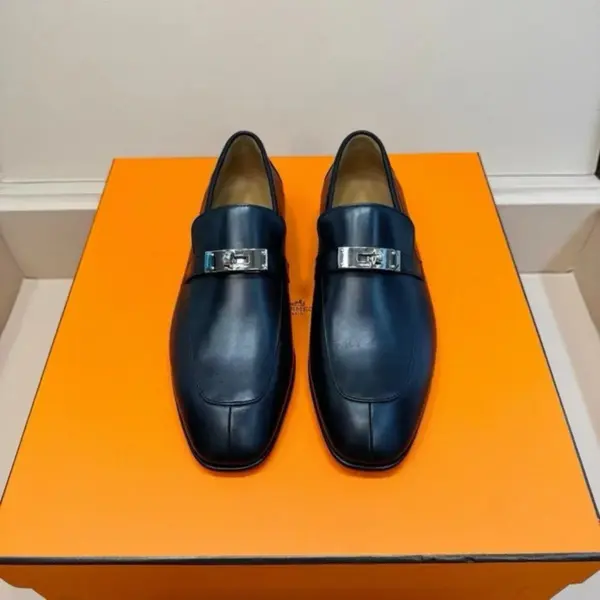 Blue leather loafers, view 1