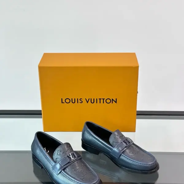 Blue leather loafers, view 1