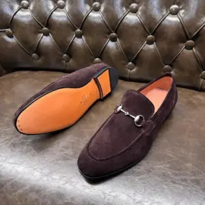 Blue suede loafers, view 3