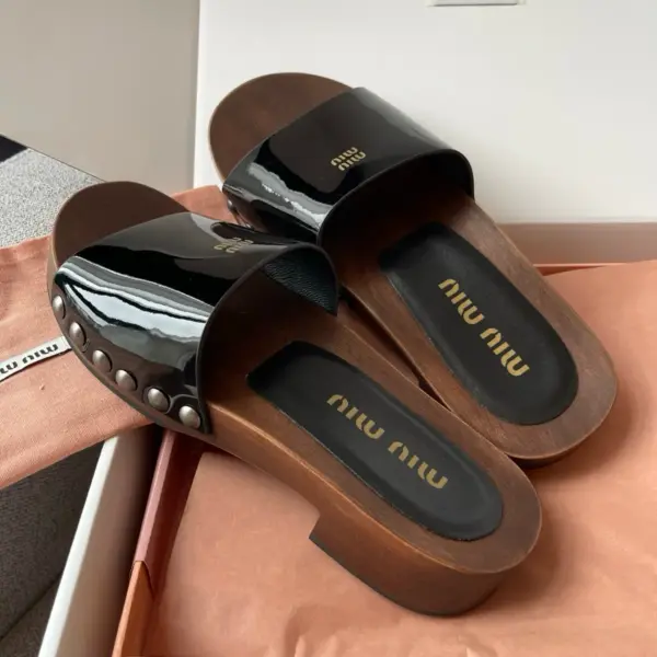 Brown patent leather slippers, view 1