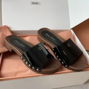 Brown patent leather slippers, view 2