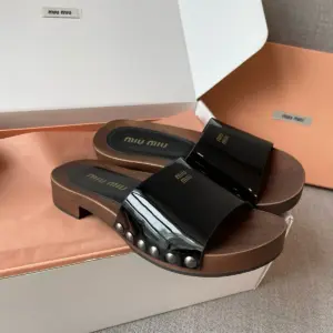 Brown patent leather slippers, view 5