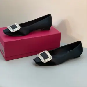 Buckle black satin flats, view 5