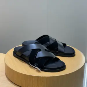 Men s Black Leather sandals, view 3