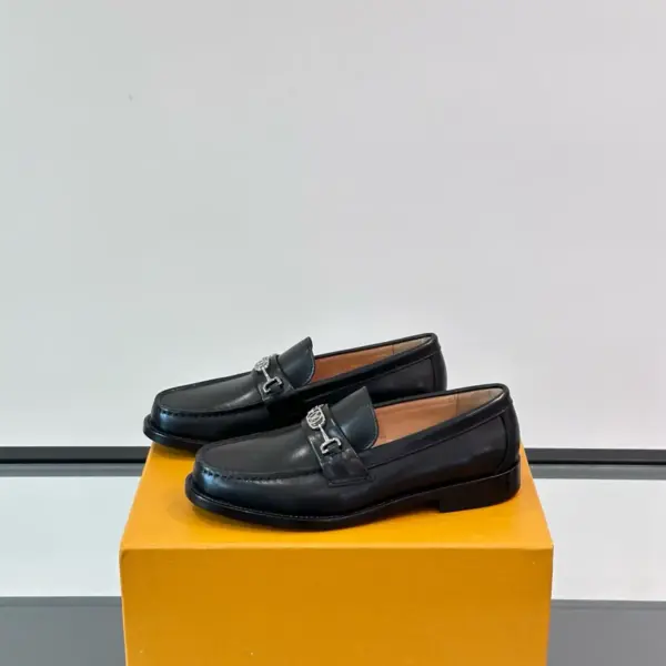 Mens black leather loafers, view 1