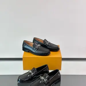 Mens black leather loafers, view 2