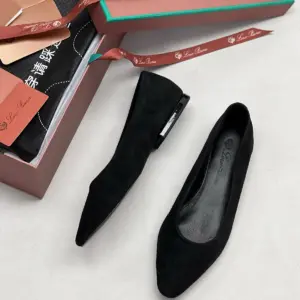 Pointed black satin flats, view 4