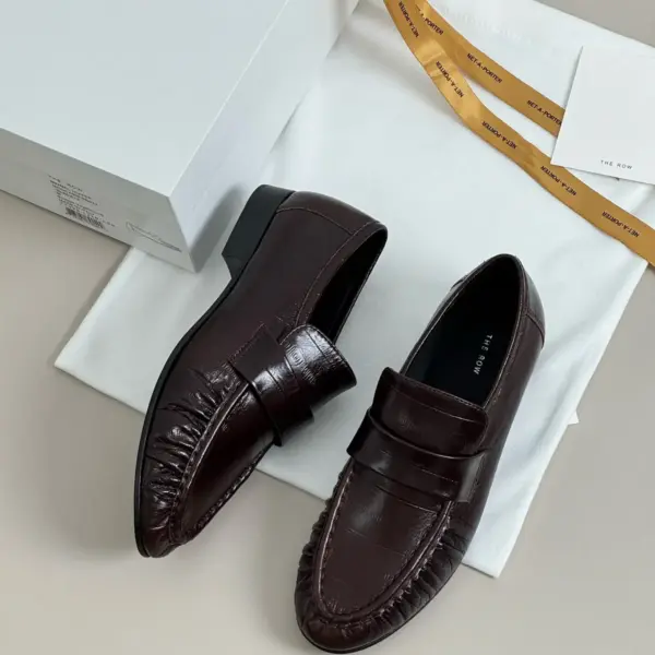 Pointed burgundy leather loafers, view 1