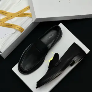 Retro black leather loafers, view 4