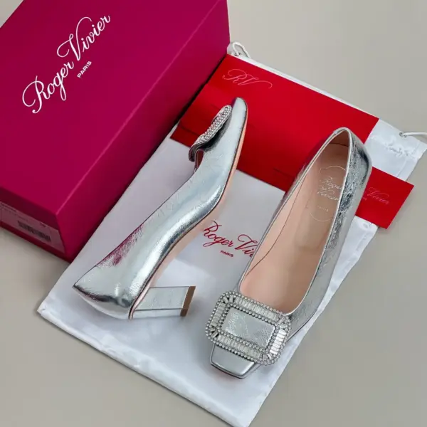 Silver patent leather heels, view 1